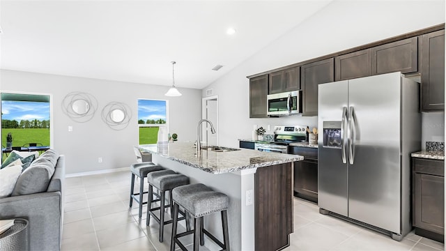 kitchen with sink, stainless steel appliances, an island with sink, and vaulted ceiling