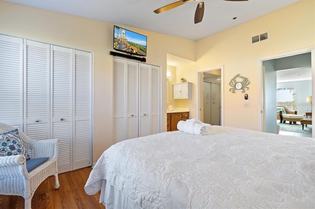 bedroom with hardwood / wood-style floors, ceiling fan, and multiple closets