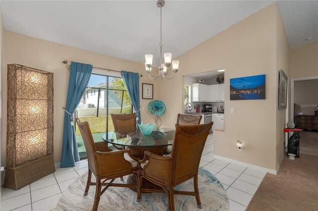 dining room featuring light tile patterned floors, vaulted ceiling, and a notable chandelier