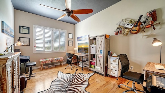 office space with a textured ceiling, light wood-type flooring, and ceiling fan