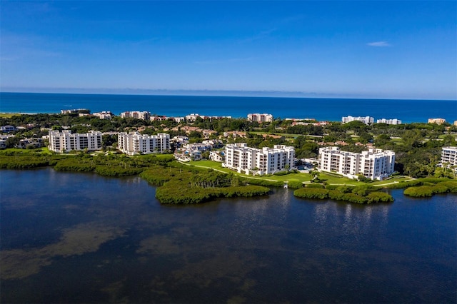 drone / aerial view with a water view