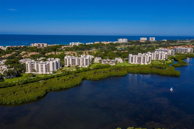 drone / aerial view with a water view