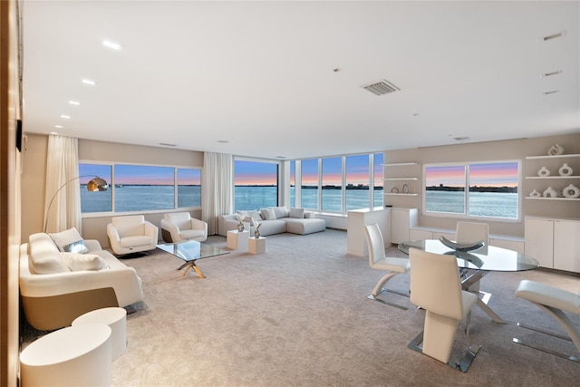 carpeted living room with a water view