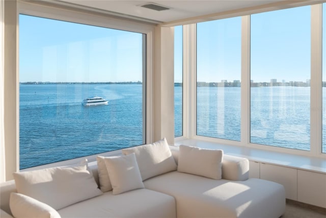 interior space with a water view