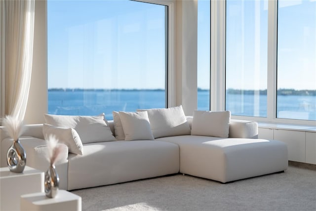 living room featuring carpet and a water view