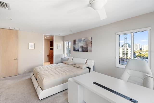 carpeted bedroom featuring ceiling fan, a walk in closet, and a closet