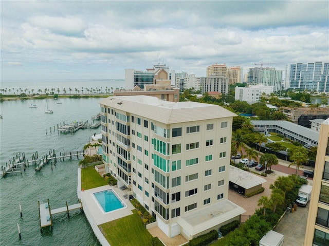 drone / aerial view featuring a water view