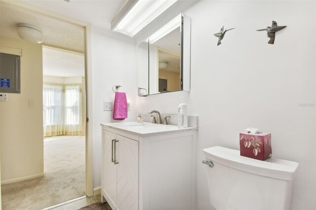 bathroom featuring vanity, toilet, a textured ceiling, and electric panel