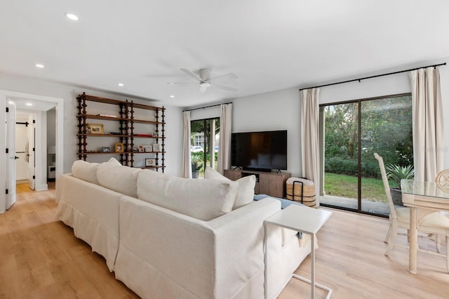 living room with ceiling fan and light hardwood / wood-style flooring