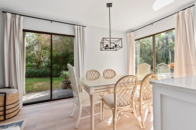 dining space with a notable chandelier and light hardwood / wood-style floors