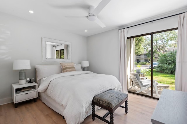 bedroom with ceiling fan, access to exterior, and light wood-type flooring