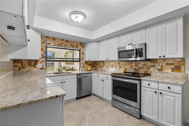 kitchen with light stone countertops, stainless steel appliances, a tray ceiling, white cabinets, and sink