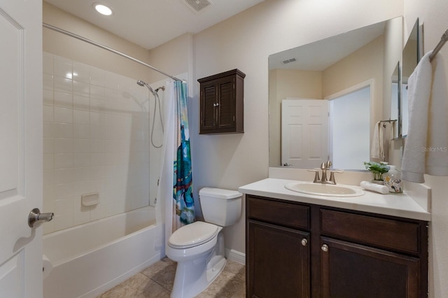 full bathroom with tile patterned floors, vanity, toilet, and shower / tub combo with curtain