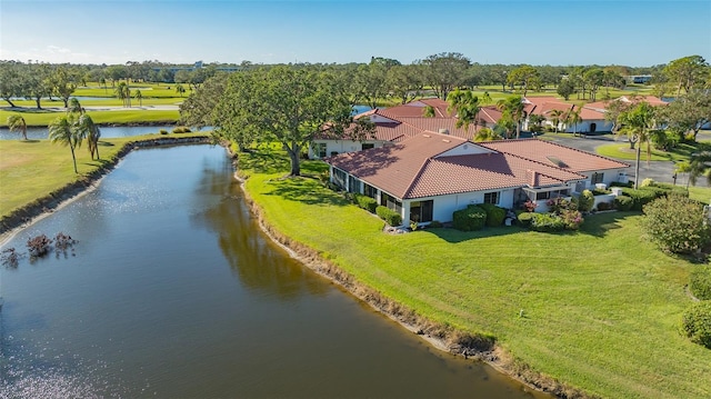 bird's eye view with a water view