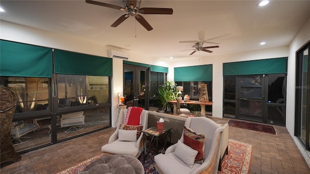 view of patio / terrace featuring a wall mounted air conditioner, french doors, and ceiling fan