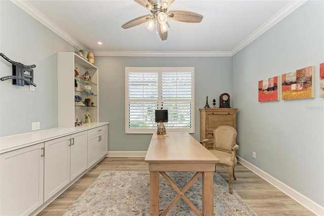 office area with ceiling fan, light hardwood / wood-style floors, and crown molding