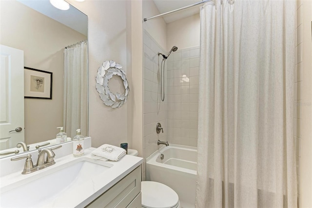 full bathroom featuring shower / bathtub combination with curtain, vanity, and toilet