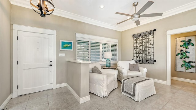 tiled foyer entrance with ceiling fan with notable chandelier and crown molding