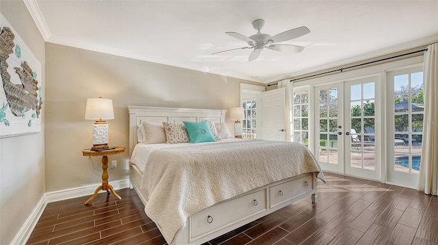 bedroom featuring ceiling fan, dark wood-type flooring, and french doors