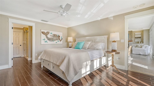 bedroom with ceiling fan, dark hardwood / wood-style flooring, and ornamental molding