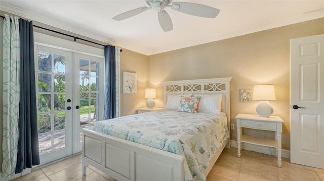 bedroom with french doors, access to outside, multiple windows, and ceiling fan