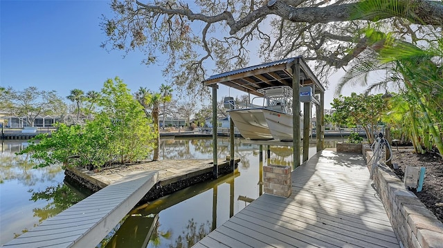 view of dock with a water view