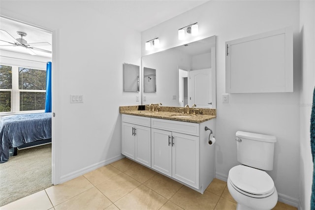 bathroom with tile patterned flooring, vanity, toilet, and ceiling fan