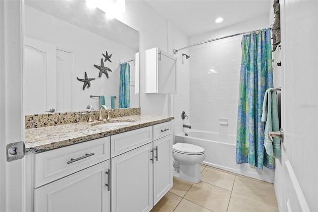 full bathroom featuring tile patterned flooring, vanity, shower / tub combo, and toilet