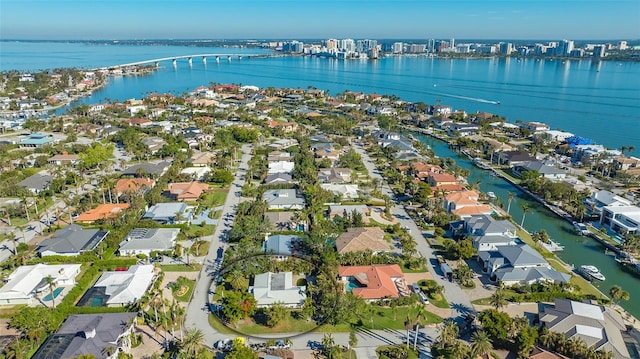 bird's eye view with a water view