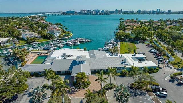 aerial view featuring a water view