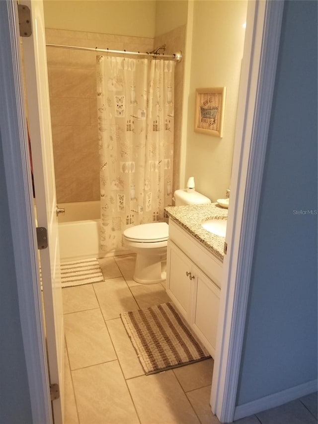 full bathroom with tile patterned flooring, vanity, toilet, and shower / bathtub combination with curtain