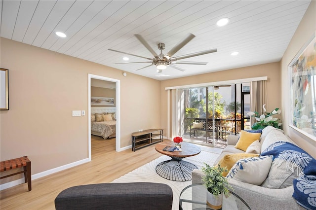 living room with wooden ceiling and light hardwood / wood-style flooring