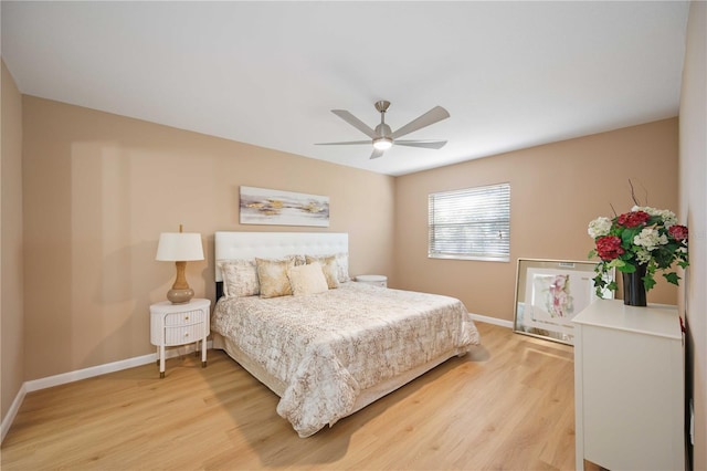 bedroom featuring ceiling fan and light hardwood / wood-style flooring