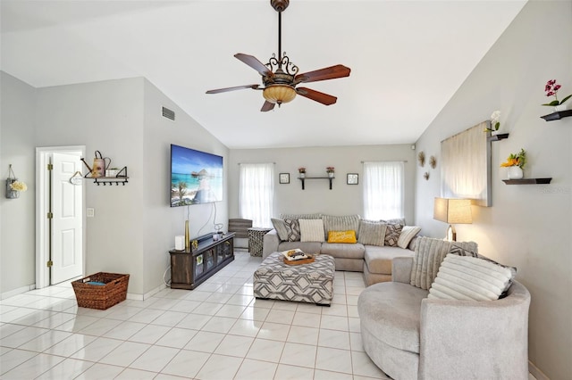 tiled living room with vaulted ceiling and ceiling fan