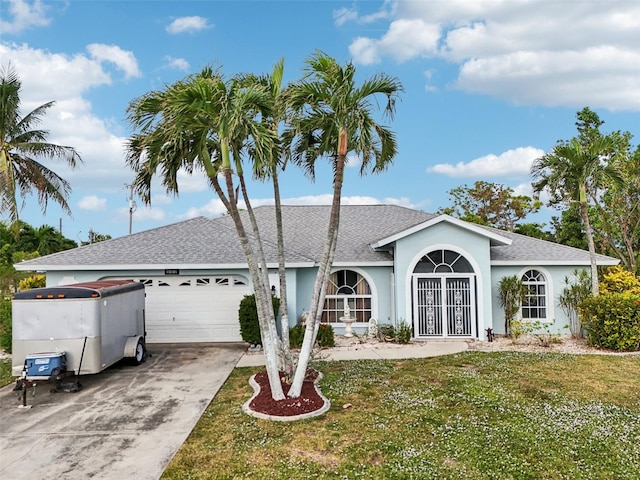 ranch-style house with a front yard and a garage