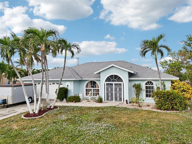 single story home with a front yard and a garage