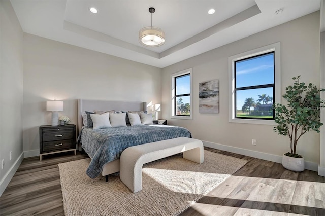 bedroom featuring dark hardwood / wood-style floors, a raised ceiling, and multiple windows