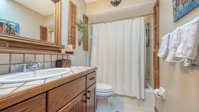 full bathroom with tasteful backsplash, tile patterned floors, vanity, shower / bathtub combination with curtain, and toilet