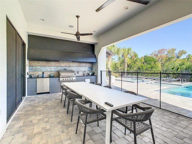 view of patio / terrace with ceiling fan, sink, a grill, a fenced in pool, and area for grilling