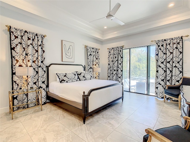 bedroom with access to outside, a raised ceiling, ceiling fan, and ornamental molding