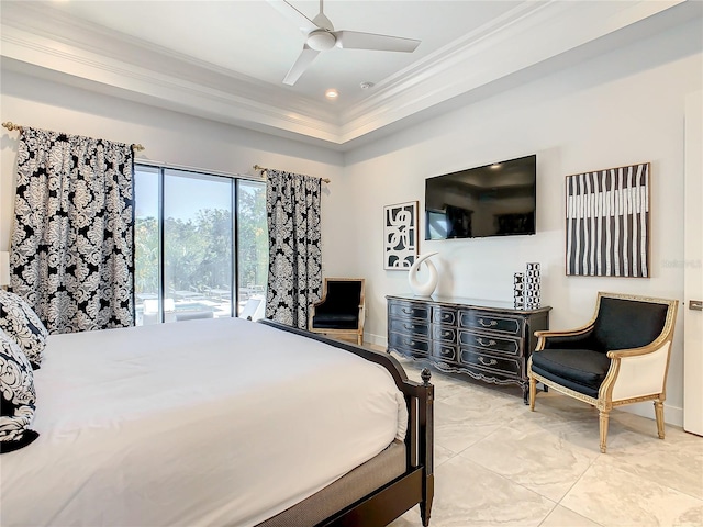 bedroom with access to exterior, a tray ceiling, ceiling fan, and ornamental molding