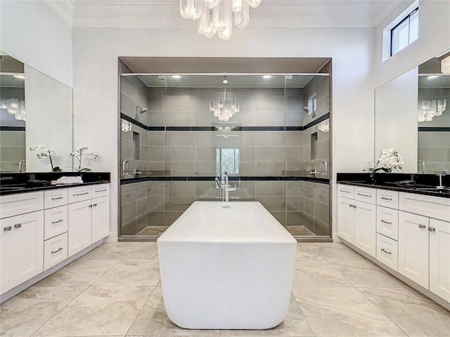 bathroom with vanity, plus walk in shower, tile walls, and ornamental molding