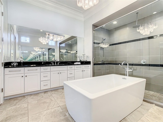 bathroom with shower with separate bathtub, vanity, tile walls, and ornamental molding