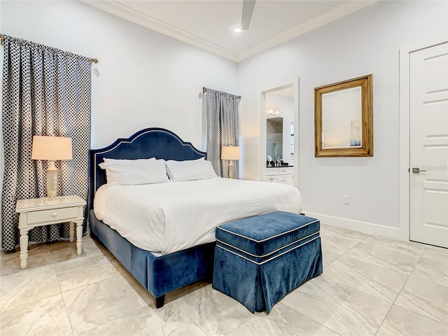 bedroom featuring connected bathroom, ceiling fan, and ornamental molding