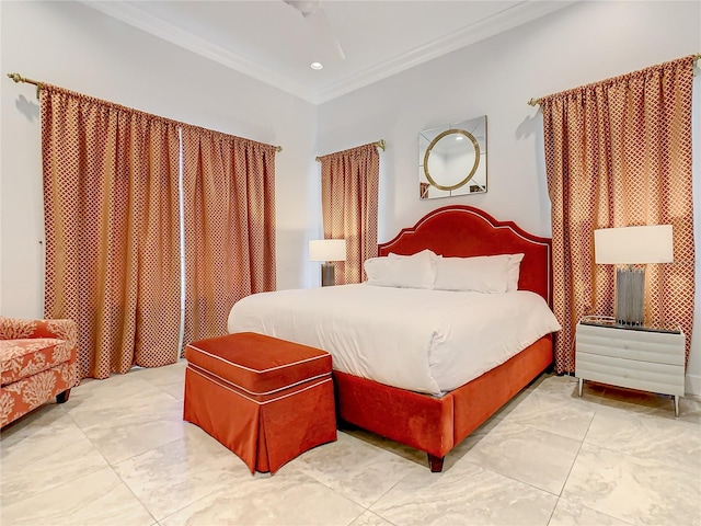 bedroom with ceiling fan and ornamental molding