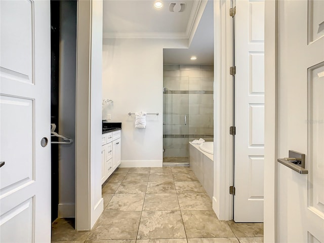 bathroom with separate shower and tub, tile patterned flooring, vanity, and ornamental molding