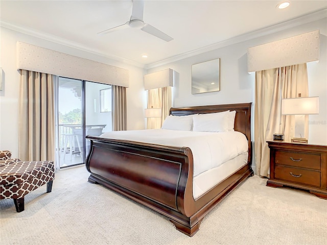 bedroom featuring access to outside, ceiling fan, crown molding, and light carpet