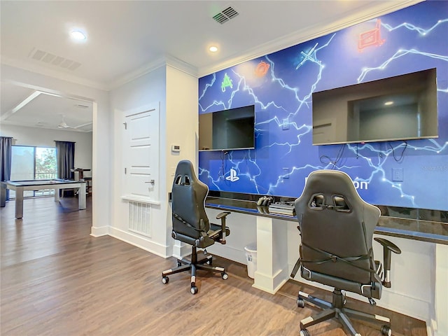 office area with hardwood / wood-style floors, ornamental molding, and pool table