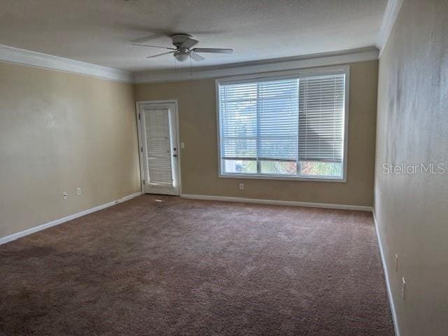 unfurnished room featuring carpet flooring, ceiling fan, and crown molding