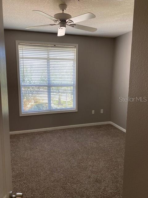 empty room featuring ceiling fan, carpet, and a textured ceiling